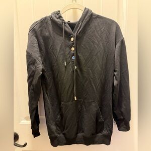 SHEIN Black Hooded Pullover Sweatshirt with Button Placket (S)